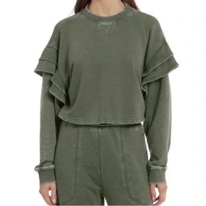 7 For All Mankind Sweatshirt, Ruffle Sleeve, Green, XS